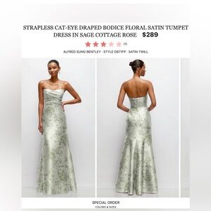 ALFRED SUNG Strapless Sage Floral Satin Trumpet Gown